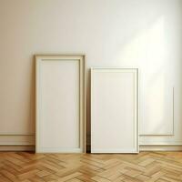 Two photo blank picture frames on the parquet floor. High resolution. AI Generative