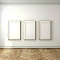 Three photo blank picture frames on parquet floor white wall. Minimalism. High resolution. AI Generative