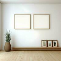 Two photo blank picture frames on parquet floor white wall. High resolution. AI Generative