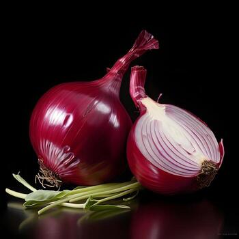 Red fresh onion sliced on dark background. High resolution. AI Generative photo