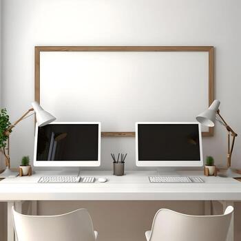 Working place table two monitor with blank frame High resolution. AI Generative photo