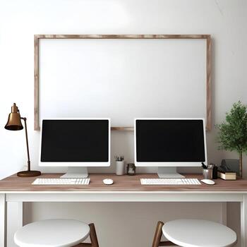 Working place table two monitor with blank frame High resolution. AI Generative photo