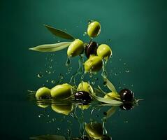 Olives and olive oil floating on a green background. High quality. AI Generative photo