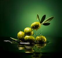 Olives and olive oil floating on a green background. High quality AI Generative photo