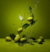 Olives and olive oil floating on a green background. High quality AI Generative photo