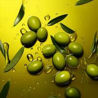 aceitunas y aceituna petróleo flotante en un verde antecedentes. alto calidad ai generativo foto