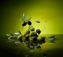 Olives and olive oil floating on a green background. High quality AI Generative photo