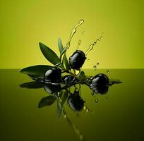 Olives and olive oil floating on a green background. High quality AI Generative photo