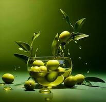 Olives and olive oil floating on a green background. High quality AI Generative photo