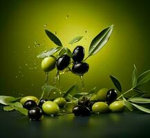 Olives and olive oil floating on a green background. High quality AI Generative photo