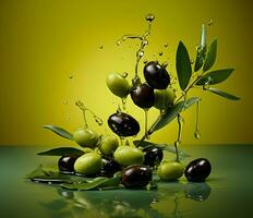 aceitunas y aceituna petróleo flotante en un verde antecedentes. alto calidad ai generativo foto