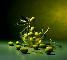 Olives and olive oil floating on a green background. High quality AI Generative photo