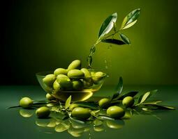 Olives and olive oil floating on a green background. High quality AI Generative photo