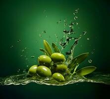 aceitunas y aceituna petróleo flotante en un verde antecedentes. alto calidad ai generativo foto