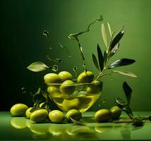 Olives and olive oil floating on a green background. High quality AI Generative photo