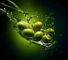 Olives and olive oil floating on a green background. High quality.AI Generative photo