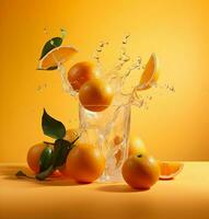 Oranges and orange juice floating on an orange background. High-resolution. AI Generative photo