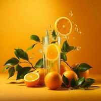 Oranges and orange juice floating on an orange background. High-resolution. AI Generative photo