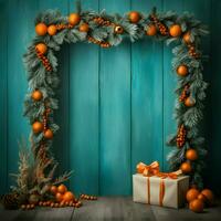 Navidad turquesa y naranja bandera rústico presenta alto calidad. ai generativo foto