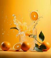 Oranges and orange juice floating on an orange background. High-resolution. AI Generative photo