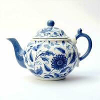 An isolated blue teapot on a white background. AI Generative photo