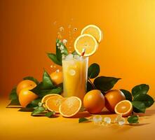 Oranges and orange juice floating on a orange backgro. High quality. AI Generative photo