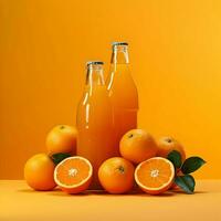 Orange with juice in glass bottles on orange background. High-resolution. AI Generative photo