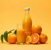 Orange with juice in glass bottles on orange background. High-resolution. AI Generative photo