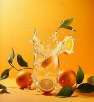 Oranges and orange juice floating on an orange background. High-resolution. AI Generative photo