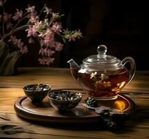 Traditional tea on a wooden table. High resolution. Ai generative photo