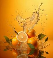 Oranges and orange juice floating on an orange background. High quality. AI Generative photo