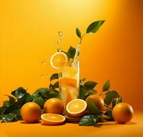 Oranges and orange juice floating on an orange background. High-resolution. AI Generative photo