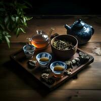 Tea on a wooden table. View from the top. High resolution. Ai generative photo