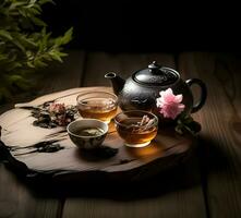 Traditional tea on a wooden table. High resolution. Ai generative photo