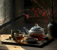 Traditional tea on a wooden table. High resolution. Ai generative photo