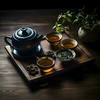 Traditional tea on a wooden table. High resolution. AI Generative photo