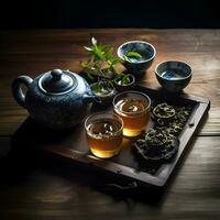 Tea on a wooden table. View from the top. High resolution. Ai generative photo