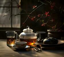 Traditional tea on a wooden table. High resolution. Ai generative photo