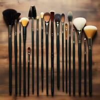 Makeup brushes laid out in a row. High resolution. Ai generative. photo