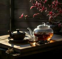 Traditional tea on a wooden table. High resolution. Ai generative photo