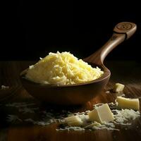 Grated cheese on a wooden spoon. High-resolution. AI Generative photo