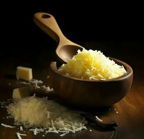 Grated cheese on a wooden spoon. High quality AI Generative photo