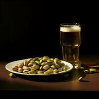 Pistachios on a plate and beer in the glass. High resolution. Ai generative photo