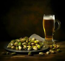 Pistachios on a plate and beer in the glass. High resolution. Ai generative photo