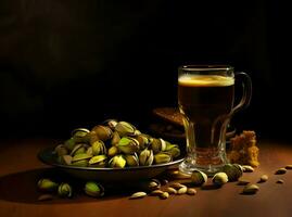 Pistachios on a plate and beer in the glass. High resolution. Ai generative photo