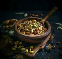 Bowl of mixed nuts and seeds with a wooden spoon. High resolution.Ai generative photo