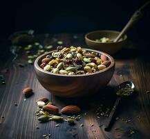 Bowl of mixed nuts and seeds with a wooden spoon. High resolution.Ai generative photo