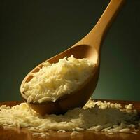 Grated cheese on a wooden spoon High resolution. Ai generative photo