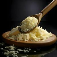 Grated cheese on a wooden spoon High resolution. Ai generative photo