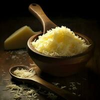 Grated cheese on a wooden spoon High resolution. Ai generative photo